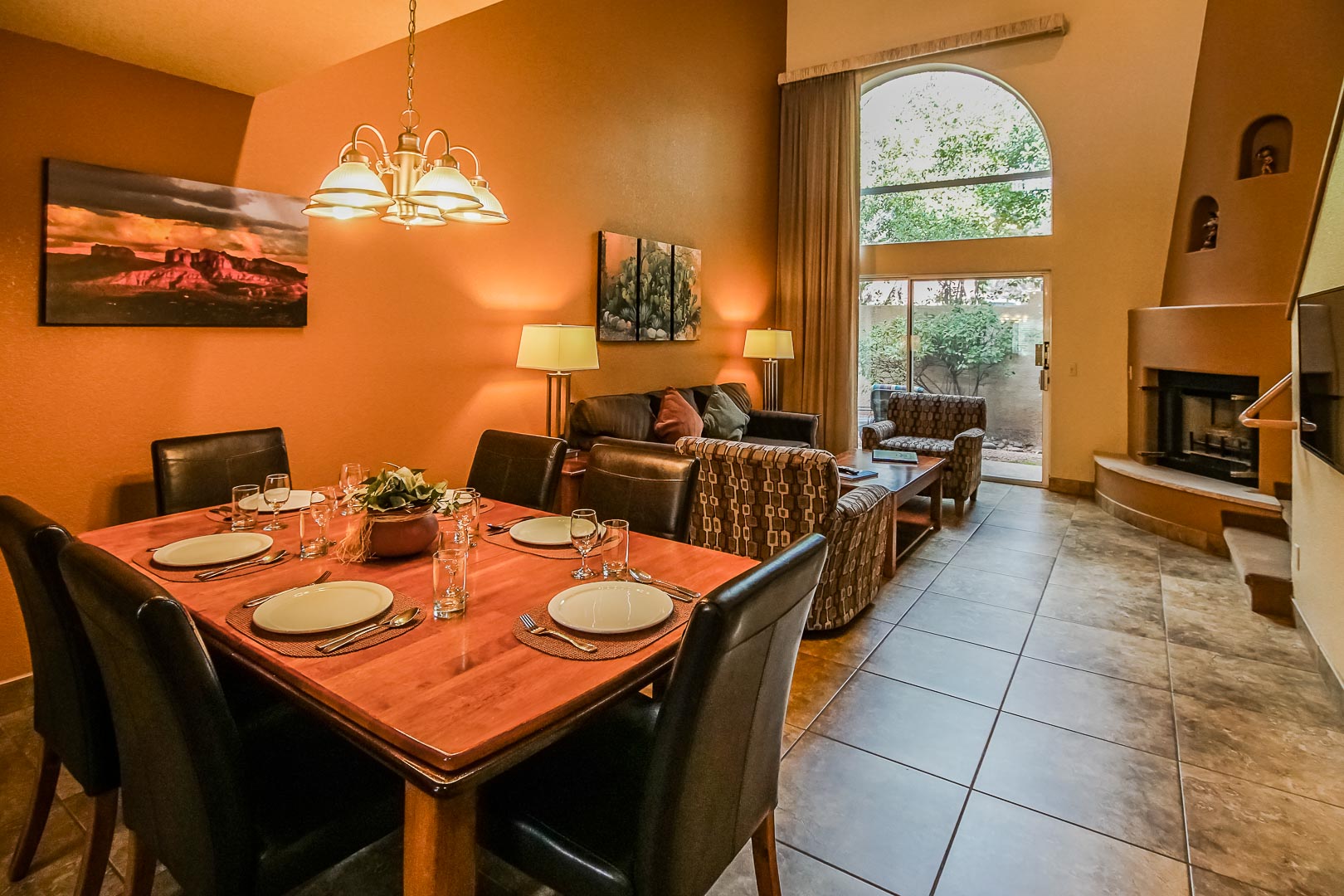 A spacious dining and living room at VRI's Sedona Springs Resort in Sedona, Arizona.